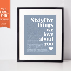 65.Geburtstag Geschenk! Einzigartiges personalisiertes Poster, das Sie oder Ihn glücklich macht. 65 Gründe, warum wir dich lieben personalisierter Druck. Digitaler Download JPEG