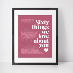 60 RAISONS pour lesquelles nous vous aimons; Cadeau de 60e anniversaire pour femme; Cadeau d’anniversaire personnalisé; Cadeau pour tante; Cadeaux pour maman; Cadeau pour elle; 60e cadeau