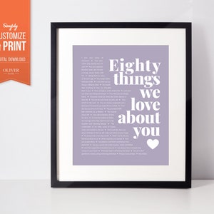 80 cosas que nos encantan de ti Póster digital personalizado. Regalo perfecto de cumpleaños o Día de la Madre para mamá, tía, amiga, hermana, abuela las 24 horas