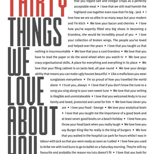 May include: A black and white graphic with the text "Thirty Things We Love About You" in bold, large font. The text is surrounded by a list of reasons why someone is loved, including personal qualities, shared experiences, and specific actions.