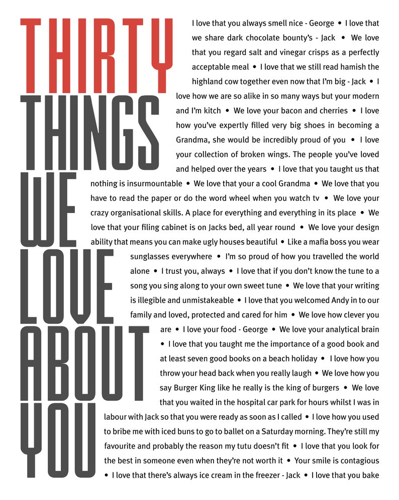 May include: A black and white graphic with the text "Thirty Things We Love About You" in bold, large font. The text is surrounded by a list of reasons why someone is loved, including personal qualities, shared experiences, and specific actions.