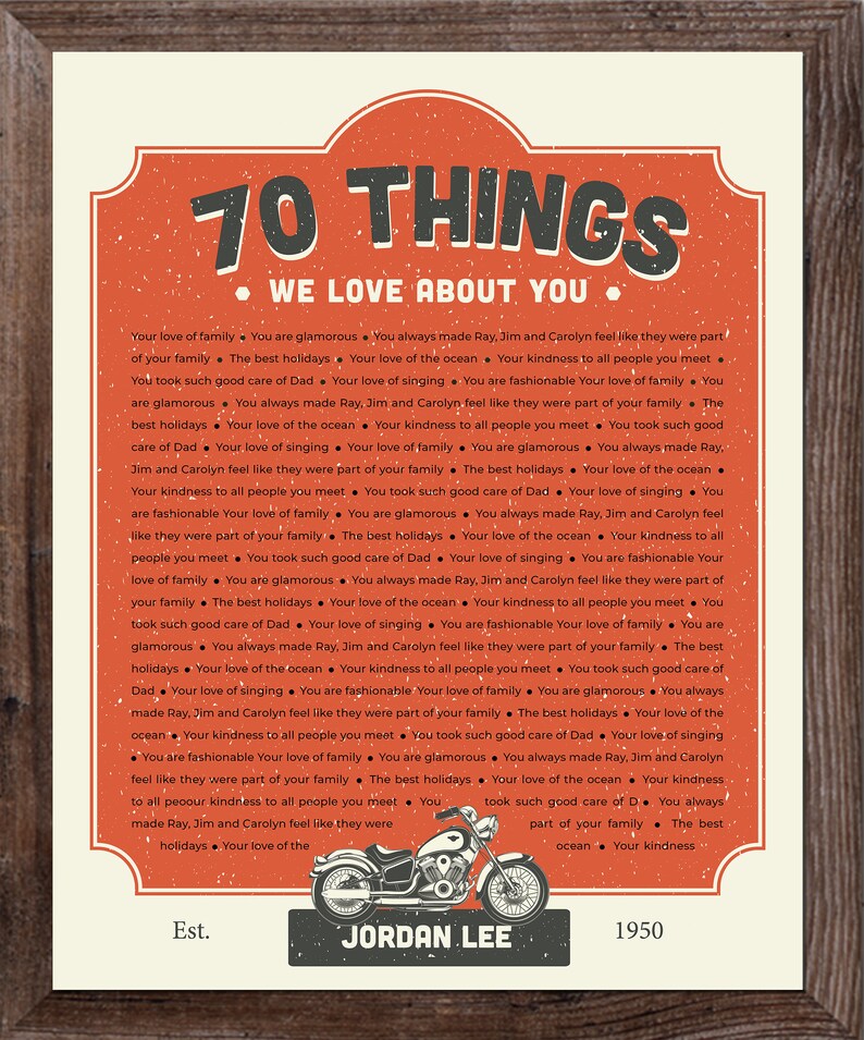 70 REASONS We Love You; Reasons I love you; Gift for Brother; Harley Davidson Motorcycle Personalized Birthday Gift; Gift for Dad; Uncle