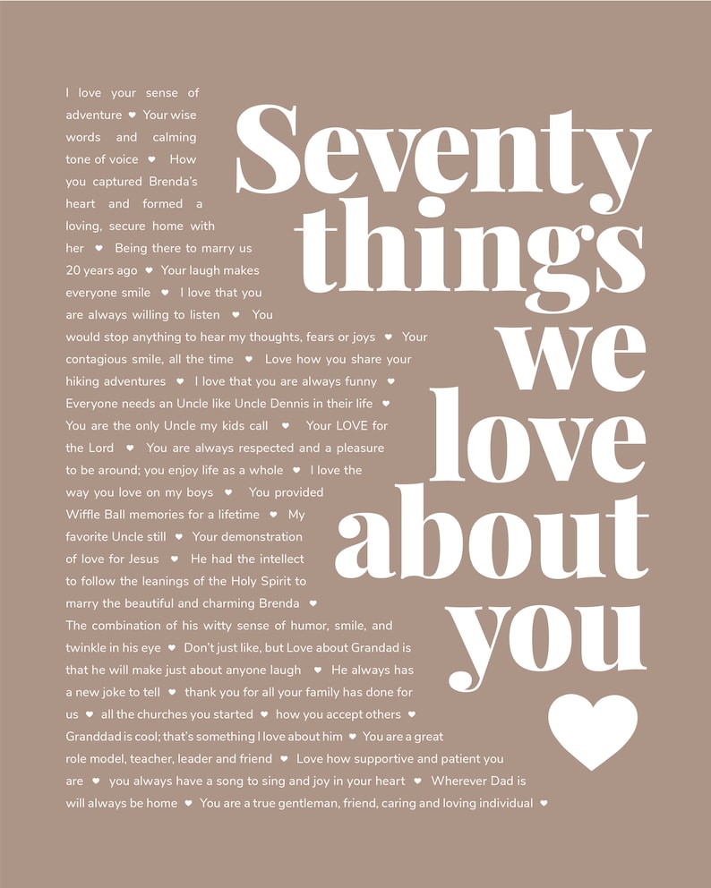 May include: A beige background with white text that reads "Seventy things we love about you" with a large white heart at the bottom. The text is a list of reasons why someone is loved, including their sense of adventure, their calming tone of voice, and their loving nature.