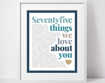 75 THINGS We Love About You; 75th Birthday; Gift for Aunt; Gift for Grandma; Mom's 75th Birthday; Gift for Mom; 75th birthday gifts