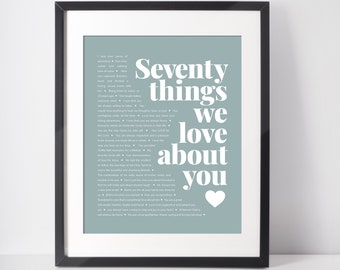 70th Birthday Gifts For Women; 70 THINGS We Love About You; 70th Birthday; Mom's 70th; 70th birthday gift for mom; Wife's 70th birthday card