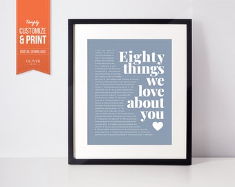 Könnte beinhalten: Ein blauer druckbarer Poster mit weißem Text, der "Eighty things we love about you" lautet, mit einem weißen Herzen unten. Der Poster ist in einem schwarzen Rahmen gerahmt.