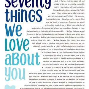 K&ouml;nnte beinhalten: Eine blaue und wei&szlig;e Grafik mit dem Text "Seventy Things We Love About You" und einem blauen Herzen. Der Text ist von einer Liste von Dingen umgeben, die der Autor an jemandem liebt.