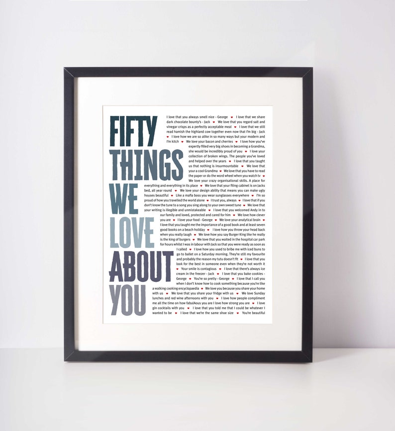 May include: Framed art print with the words "FIFTY THINGS WE LOVE ABOUT YOU" in large, stylized letters. The print features a list of phrases in a smaller font, all in black and white, against a white background. The frame is black.