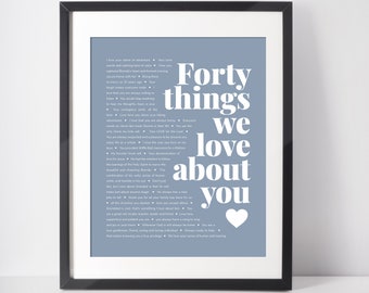 May include: A blue and white printable poster with the text "Forty things we love about you" and a heart at the bottom. The text is in a bold, sans-serif font.