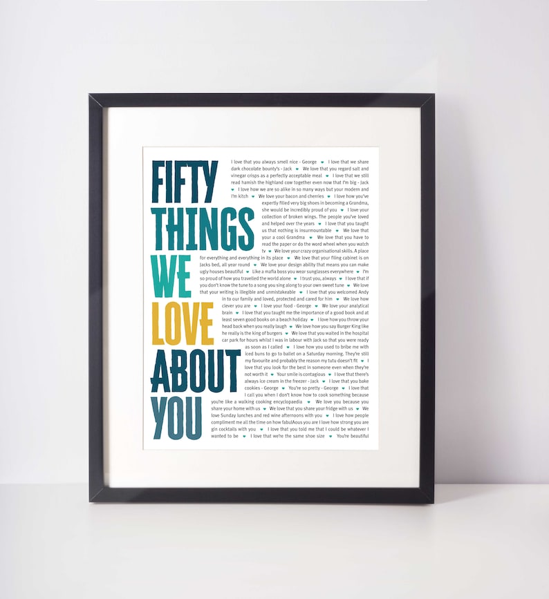 May include: Framed art print with the words "FIFTY THINGS WE LOVE ABOUT YOU" in teal, yellow, and white. The print is a list of loving sentiments. The frame is black.