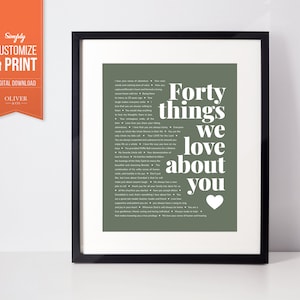 Cadeau personnalisé pour le 40e anniversaire des femmes ou des hommes de 40 ans; Raisons pour lesquelles nous vous aimons; Cadeau personnalisé unique pour la fête des pères; Vert forêt