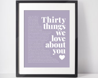 Regalos de cumpleaños número 30 para mujeres; regalos de cumpleaños número 30 para ella; 30 cosas que amamos de ti; 30 razones por las que te amamos; cumpleaños número 30; regalo para ella