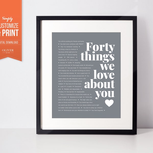 40 Reasons We Love You for Men, For Husband, Him, Dad. Personalized; Custom Print. Printable Gift. Birthday Memories; Quotes; 40th Birthday