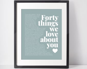 40th birthday; 40 THINGS We Love About You; 40th birthday gift for men; 40th birthday gifts for women; 40 reasons we love you; Digital