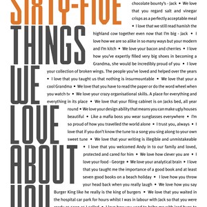 May include: A black and white image with the text "Sixty-Five Things We Love About You" in large, bold letters. The text is surrounded by a list of reasons why someone is loved, including their love of reading, their organizational skills, and their ability to make ugly houses beautiful.