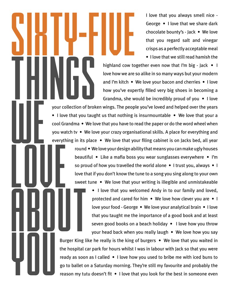 May include: A black and white image with the text "Sixty-Five Things We Love About You" in large, bold letters. The text is surrounded by a list of reasons why someone is loved, including their love of reading, their organizational skills, and their ability to make ugly houses beautiful.