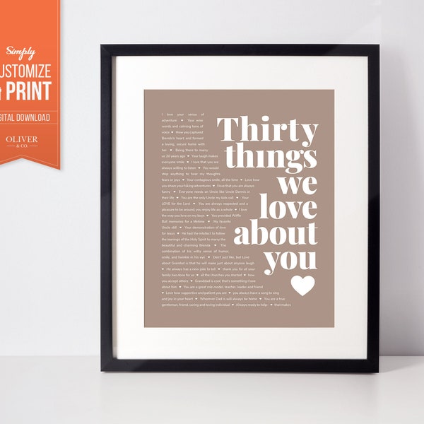 Things We Love About You Personalized Printable, 30th Birthday Gift For Mom, For Mum, For Her, For Women, Woman gifts. Natural Earthy tones.