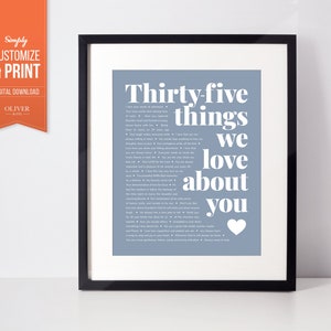 35 Geburtstagsgeschenk! Personalisiertes Poster, das ihn oder sie glücklich macht. 35 Reasons we love you personalisierter Druck. Jubiläumsgeschenk!