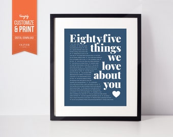 85 Things We Love About You Digital Poster. Perfect birthday or Anniversary gift for your dad, grandpa, husband, friend or brother!