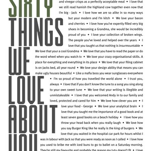 May include: A black and white graphic with the text "Sixty Things We Love About You" and a list of reasons why someone is loved. The text is in a bold, sans-serif font.