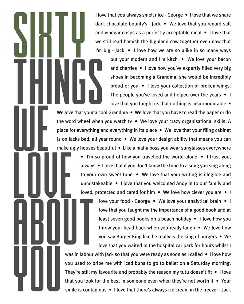 May include: A black and white graphic with the text "Sixty Things We Love About You" and a list of reasons why someone is loved. The text is in a bold, sans-serif font.