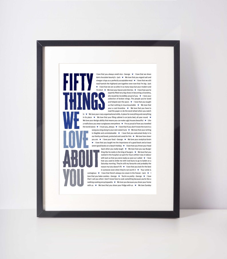 May include: Framed print with the words "FIFTY THINGS WE LOVE ABOUT YOU" in a navy and light blue font. The text is surrounded by a black frame and includes a list of loving sentiments.