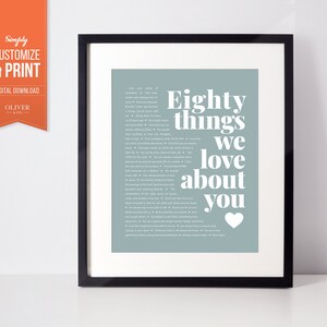 May include: A printable digital download of a light blue poster with white text that reads "Eighty things we love about you" with a white heart at the bottom. The poster is framed in a black frame.