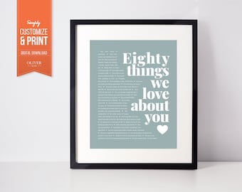 Könnte beinhalten: Ein druckbarer digitaler Download eines hellblauen Posters mit weißem Text, der "Eighty things we love about you" lautet, mit einem weißen Herzen unten. Das Poster ist in einem schwarzen Rahmen gerahmt.