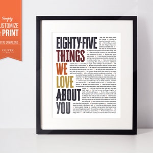 Puede incluir: Un diseño de arte de pared imprimible con el texto "Eighty-Five Things We Love About You" en un marco negro. El texto está en una variedad de colores, incluyendo rojo, naranja, amarillo y marrón.