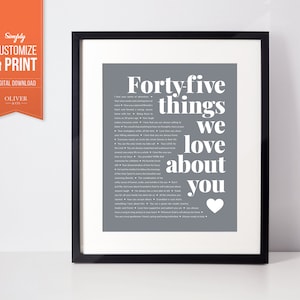 ¡Regalo de cumpleaños de cumplir 45 años! Póster personalizado único que lo hará feliz; 45 Razones por las que te queremos impresión personalizada, 45º Presente