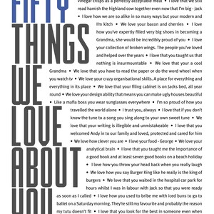May include: A black and white graphic with the text "Fifty Things We Love About You" in large, bold letters. The text is surrounded by a list of reasons why someone is loved, including their personality traits, hobbies, and habits.