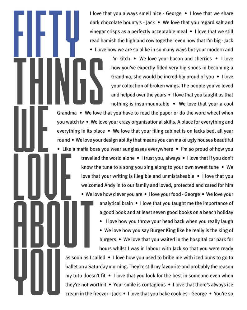 May include: A black and white graphic with the text "Fifty Things We Love About You" in large, bold letters. The text is surrounded by a list of reasons why someone is loved, including their personality traits, hobbies, and habits.