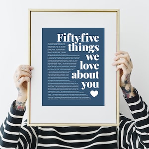 Wird 55 Geburtstagsgeschenk! Einzigartiges individuelles Poster, das ihn oder sie glücklich macht. 55 Gründe, warum wir dich lieben personalisierter Druck für Mama oder Papa