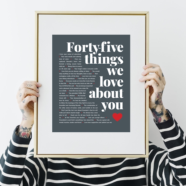 45 Things we love about you; Birthday Gift for Women/Men; 45 Reasons Why We Love You; Unique Gift for Father’s Day or 45th Anniversary