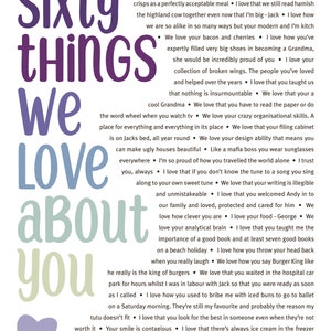 K&ouml;nnte beinhalten: Eine bunte Grafik mit dem Text "Sixty Things We Love About You" in verschiedenen Farben und Schriftarten. Der Text ist von einem Herz umgeben und einer Liste von Dingen, die der Autor an jemandem liebt.