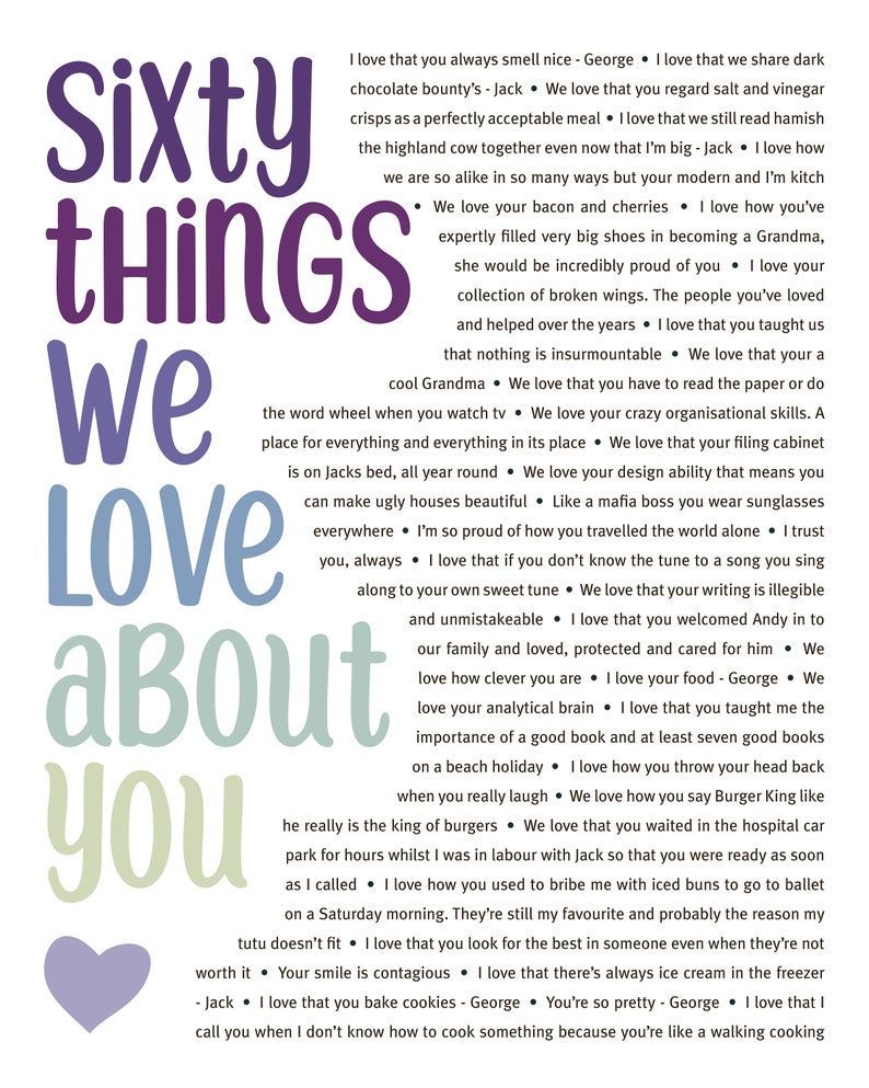 K&ouml;nnte beinhalten: Eine bunte Grafik mit dem Text "Sixty Things We Love About You" in verschiedenen Farben und Schriftarten. Der Text ist von einem Herz umgeben und einer Liste von Dingen, die der Autor an jemandem liebt.