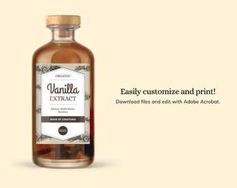 Peut inclure: Une bouteille en verre contenant un liquide brun. L'étiquette est blanche avec du texte noir qui indique "ORGANIC Vanilla EXTRACT Tahitian Vanilla Beans, Bourbon MADE BY JONATHAN 2022".