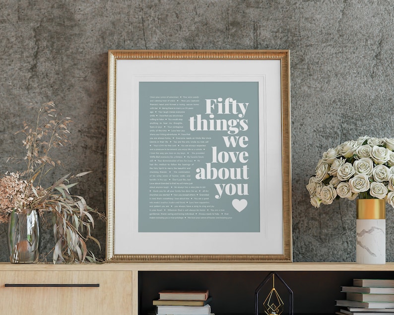 May include: A framed print with a blue background and white text that reads "Fifty things we love about you" with a white heart symbol. The print is in a gold frame and is sitting on a wooden shelf.