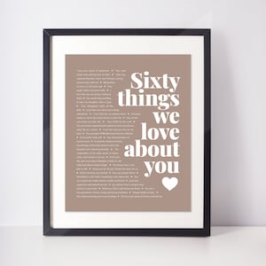 May include: A light brown background with white text that reads "Sixty things we love about you" with a white heart at the bottom. The text is a list of things the author loves about someone.