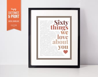 60 REASONS We Love You; 60th birthday gifts for woman; Personalized Birthday Gift; Gift for Sister; Gift for Mom; Gift for Wife; 60th gift