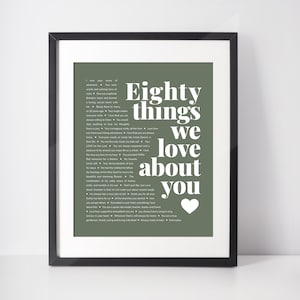 May include: A green and white printable wall art print with the text "Eighty things we love about you" and a heart. The text is a list of reasons why someone is loved.