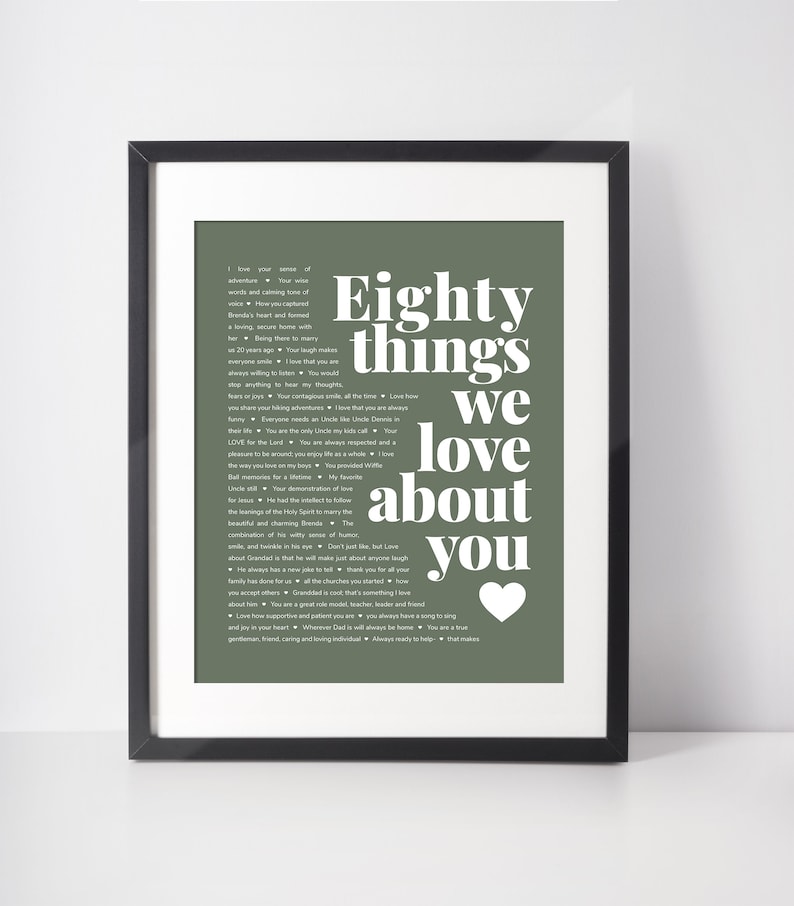May include: A green and white printable wall art print with the text "Eighty things we love about you" and a heart. The text is a list of reasons why someone is loved.