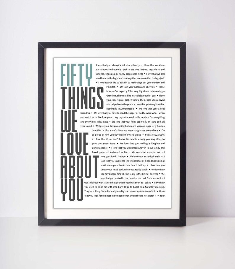 May include: A black and white typography poster with the text "Fifty Things We Love About You". The poster features a list of reasons why someone is loved, with each reason starting with "I love that..."