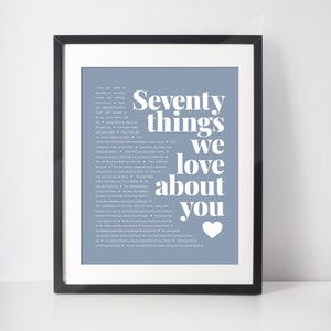 May include: Framed print with a light blue background and white text that reads "Seventy things we love about you." The print includes a white heart graphic and a list of loving sentiments.