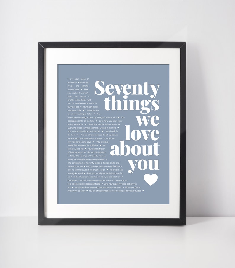 May include: Framed print with a light blue background and white text that reads "Seventy things we love about you." The print includes a white heart graphic and a list of loving sentiments.