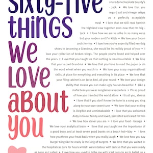 K&ouml;nnte beinhalten: Eine rosa Herzgrafik mit dem Text "Sixty-five things we love about you" in Lila und Rot. Der Text ist von einer Liste von Gr&uuml;nden umgeben, warum jemand geliebt wird, darunter seine Pers&ouml;nlichkeit, seine Gewohnheiten und seine Handlungen.