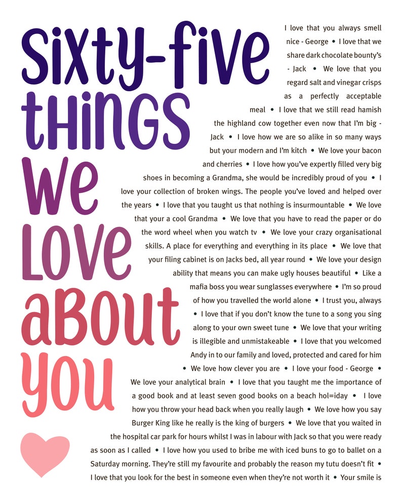 K&ouml;nnte beinhalten: Eine rosa Herzgrafik mit dem Text "Sixty-five things we love about you" in Lila und Rot. Der Text ist von einer Liste von Gr&uuml;nden umgeben, warum jemand geliebt wird, darunter seine Pers&ouml;nlichkeit, seine Gewohnheiten und seine Handlungen.