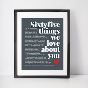 May include: Framed print with the text "Sixty-five things we love about you" in white on a dark gray background. A red heart is at the bottom right. The print is in a black frame.