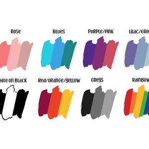 K&ouml;nnte beinhalten: Eine visuelle Darstellung verschiedener Farbpaletten, darunter Rose, Blaut&ouml;ne, Lila/Pink, Flieder/Gr&uuml;n, Wei&szlig; auf Schwarz, Rot/Orange/Gelb, Graut&ouml;ne und Regenbogen.