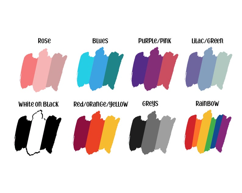 K&ouml;nnte beinhalten: Eine visuelle Darstellung verschiedener Farbpaletten, darunter Rose, Blaut&ouml;ne, Lila/Pink, Flieder/Gr&uuml;n, Wei&szlig; auf Schwarz, Rot/Orange/Gelb, Graut&ouml;ne und Regenbogen.
